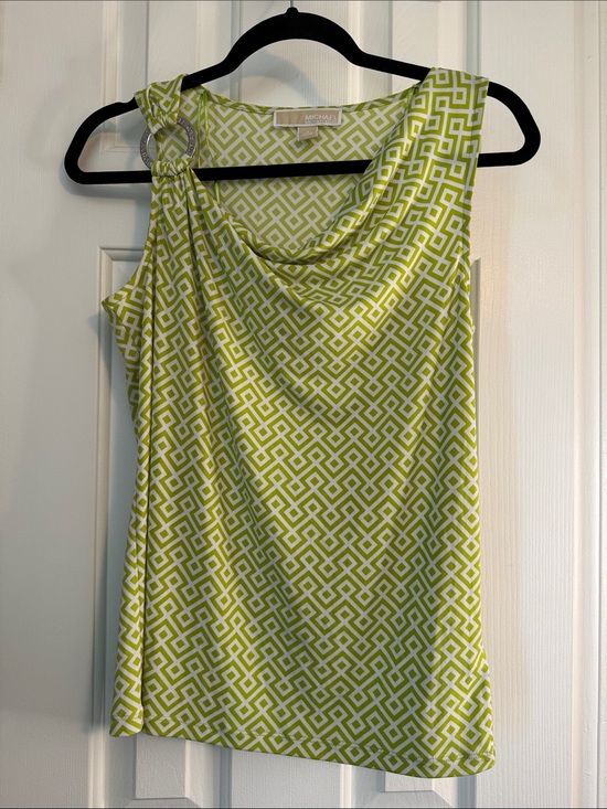 MICHAEL Michael Kors Tops - MICHAEL Michael Kors Lime Green and White Geometric Draped-Shoulder Top (29)